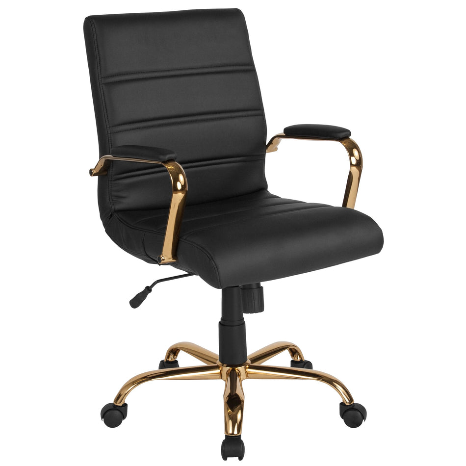 Chaise de bureau pivotante à dossier mi- haut, revêtue de similicuir noir et or, avec accoudoirs
