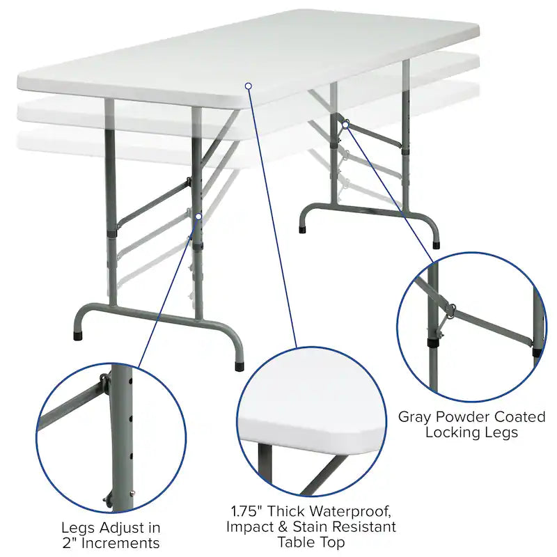 Table pliante en plastique blanc granit réglable en hauteur de 30 po de largeur x 72 po de longueur
