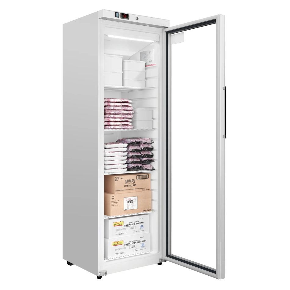 Congélateur commercial à porte vitrée et dégivrage automatique, blanc