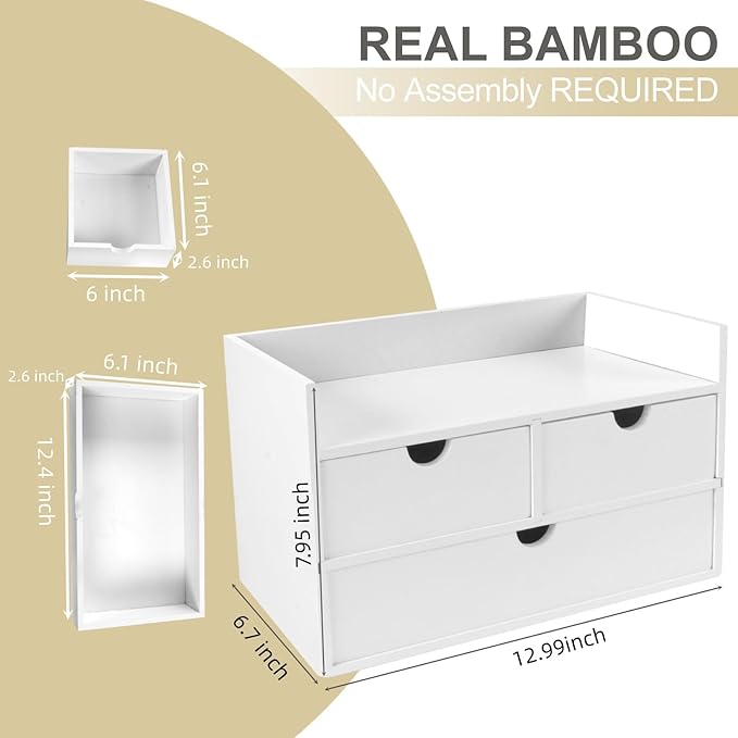 Organiseur de bureau en bambou avec 3 tiroirs