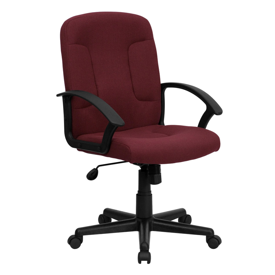 Fauteuil de bureau pivotant de direction, dossier mi-haut, tissu bordeaux, accoudoirs en nylon