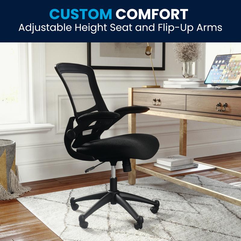 Chaise de bureau ergonomique pivotante Kelista à dossier mi-haut en maille noire avec accoudoirs relevables
