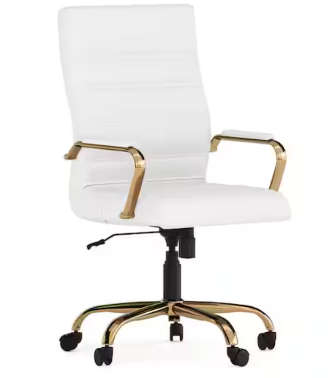 Fauteuil de bureau ergonomique pivotant Whitney à dossier haut en similicuir, structure blanche et dorée avec accoudoirs