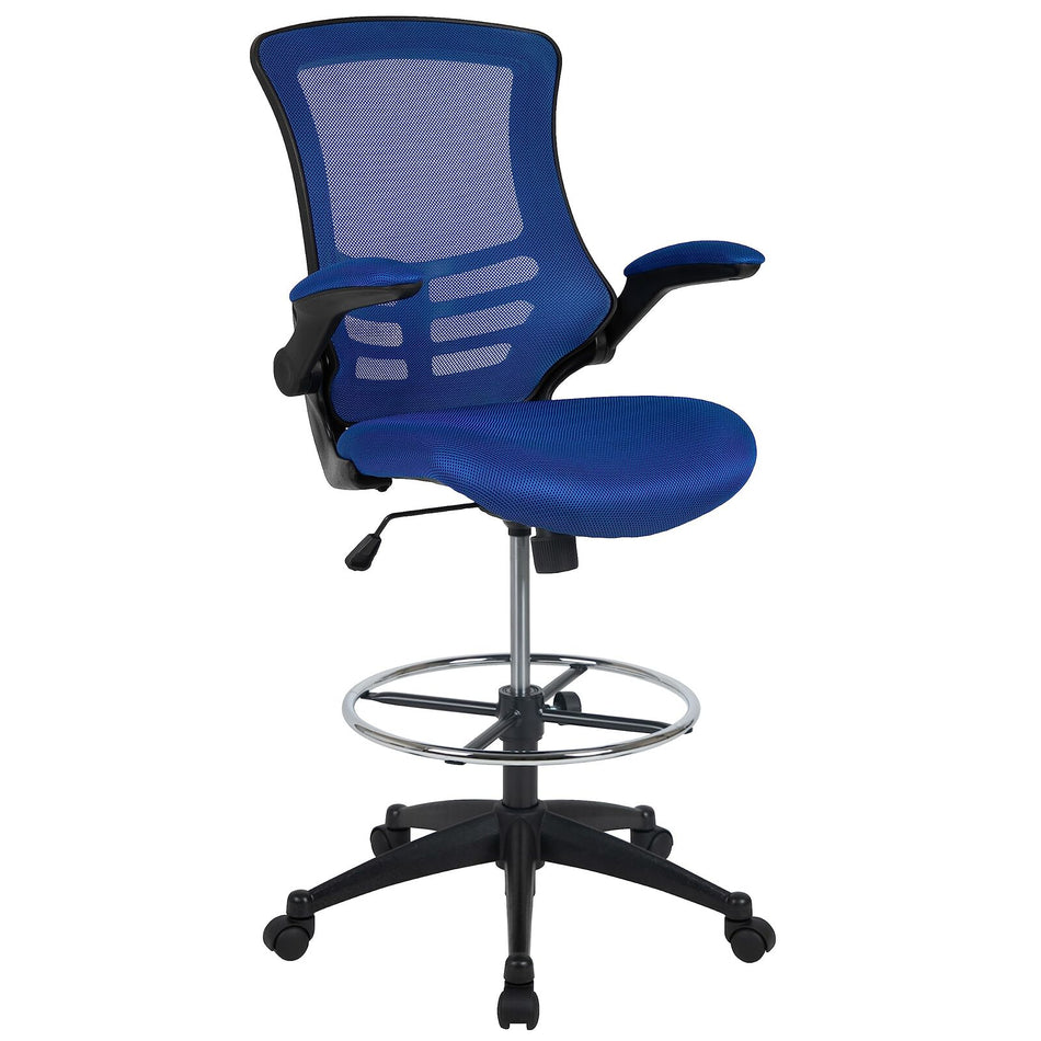 Chaise de dessin ergonomique Kelista à dossier mi-haut en maille bleue | Repose-pieds réglable, accoudoirs relevables | Confort et productivité