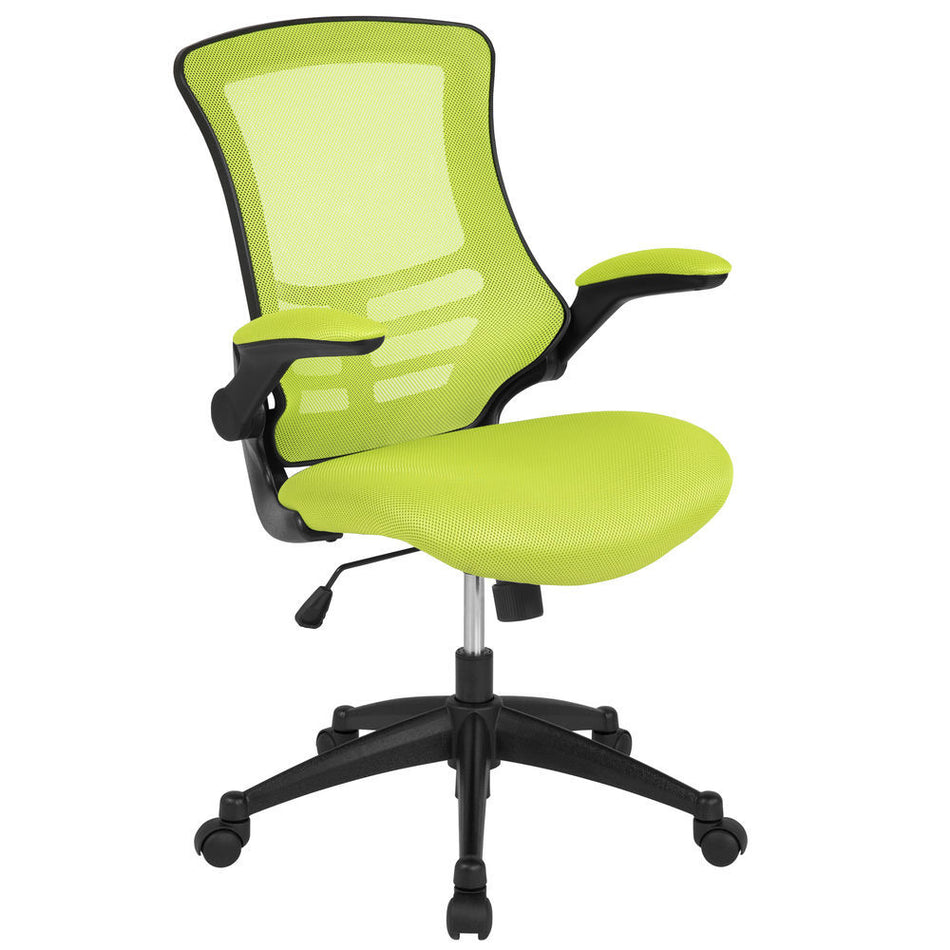 Chaise de bureau ergonomique pivotante à dossier mi-haut en maille verte Kelista de Flash Furniture avec accoudoirs relevables